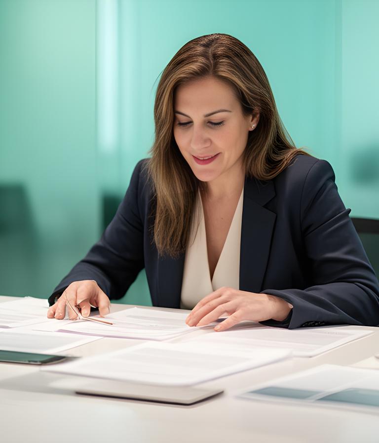 María González revisando documentación jurídica en una mesa de trabajo moderna en Madrid